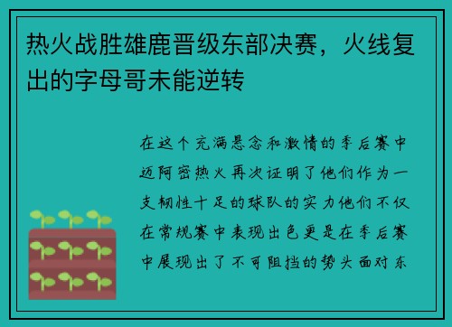 热火战胜雄鹿晋级东部决赛，火线复出的字母哥未能逆转