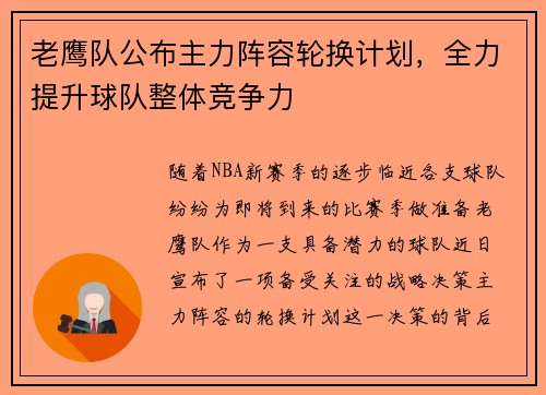 老鹰队公布主力阵容轮换计划，全力提升球队整体竞争力